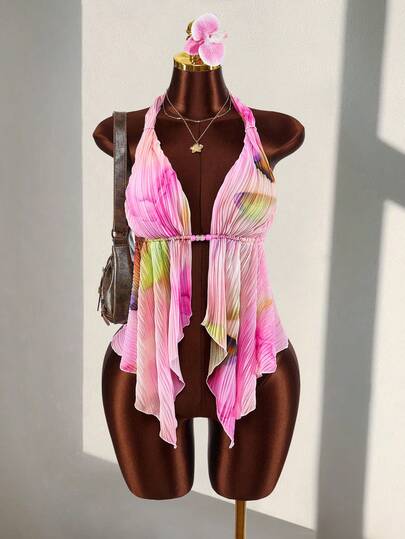 Amplova 2026 New Floral Print Asymmetric Hem Tie Front Sleeveless Top