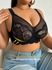 DesireSculpt 1 pieza Sujetador con aros y ajustable con encaje y parches para mujer de talla grande - Negro - Ver 9