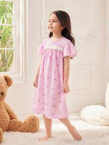 SHEIN 少女碎花蕾丝边编织夏季休闲连衣裙 - 粉色 - 查看 5