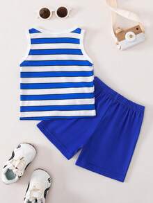 SHEIN Playful Pals 2件套0-3岁婴幼儿男童休闲条纹小熊印花背心短裤套装，适合所有季节、短途旅行、假期、郊游，适合3个月至24个月的男婴，男婴服装，男童夏季服装，婴幼儿服装，男童服装，价格实惠的男童套装，男童卡通套装，男童背心套装，男童夏季套装，男童短裤套装，男童背心套装，男童夏季套装，男童短裤套装 - 藍色 - 查看 4