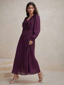 Anewsta Women's Elegant Romantic V-Neck Ruffle Petal Sleeve Cinched Waist Pleated Dress, Suitable For Spring Dates And Parties - Purple - View 4