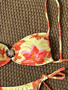 Swim Vcay 女士泳装套装，花卉印花系带镂空向日葵设计，两件套夏季度假沙滩装 - 彩色 - 查看 4