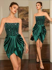 Poshira Vestido de cóctel con busto con cuentas para mujer - Verde Oscuro - Ver 3