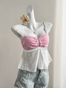 Elamini Sexy Women's Plaid Patchwork Knit Embroidered Textured Cami Top, Summer - Multicolor - View 5