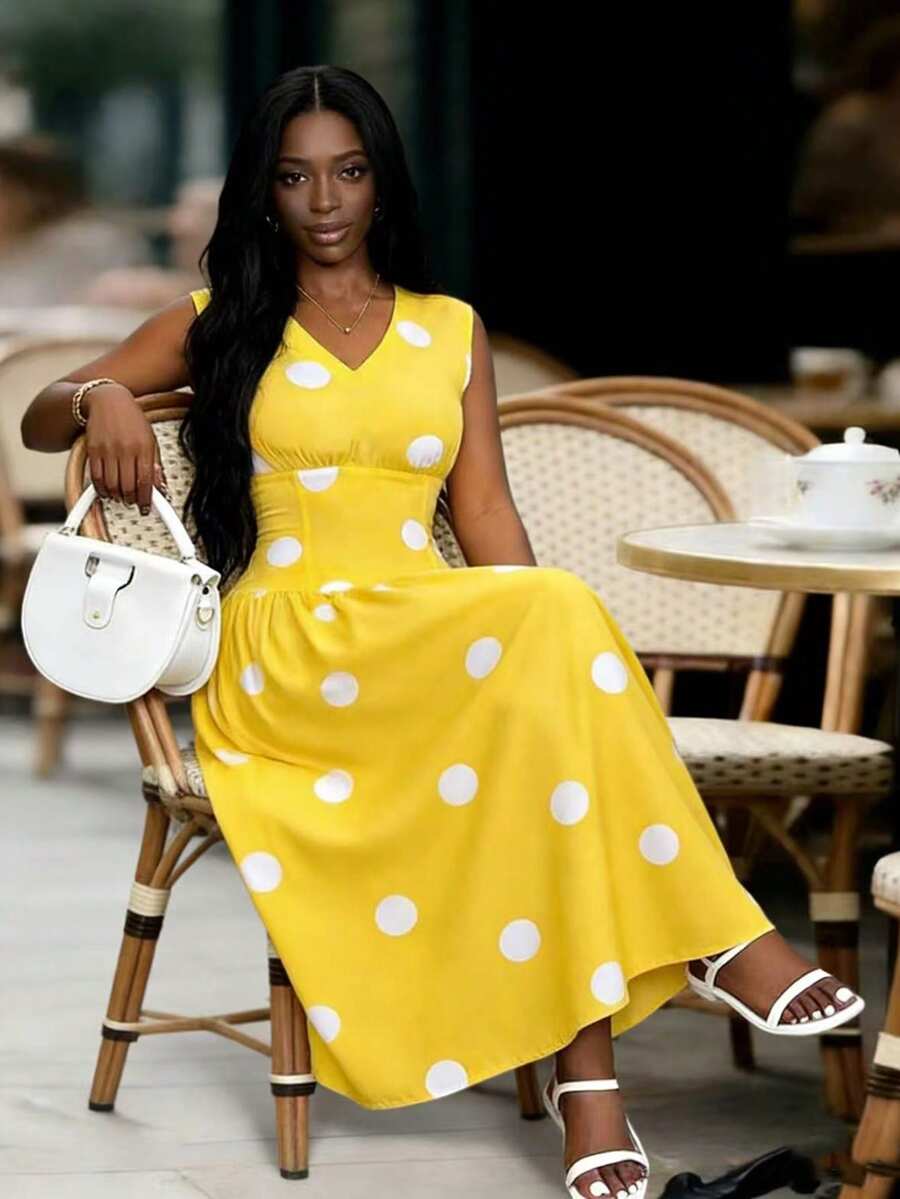 Xyvia Rochie lungă casual cu buline, de primăvară/vară, cu decolteu în V, pentru femei, proaspătă și tinerească, potrivită pentru naveta și întâlniri - Galben de gâscă - Vizualizare 1