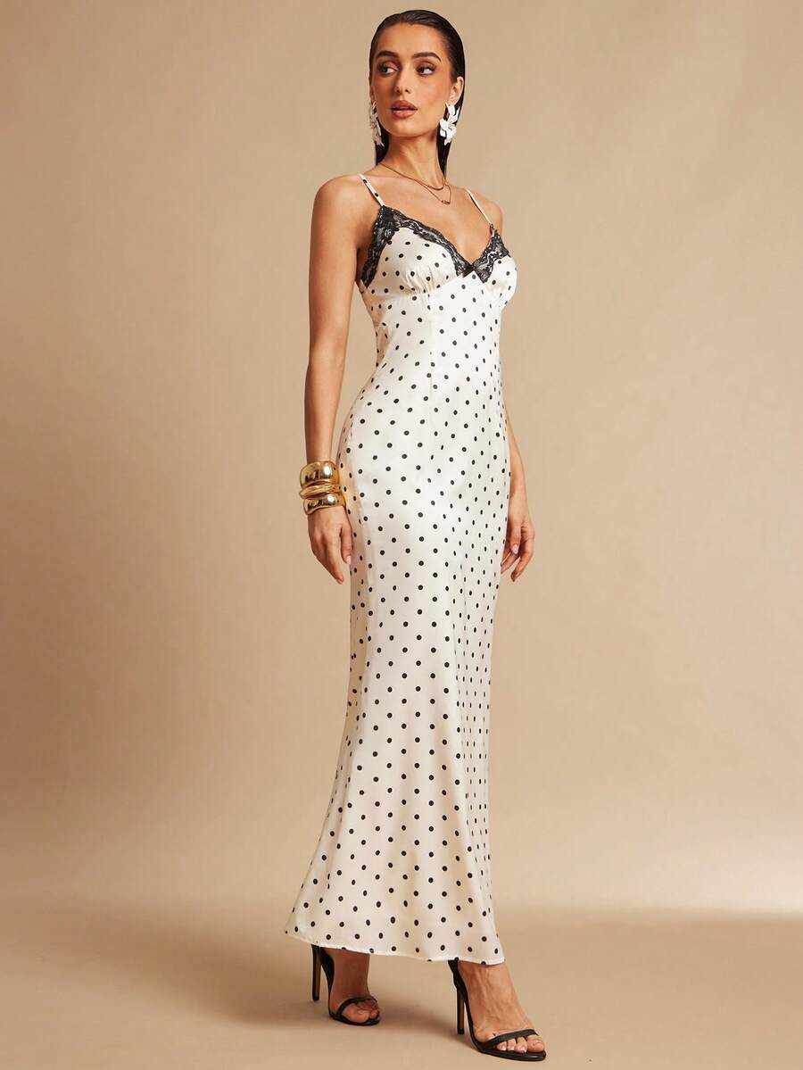 Silquee French-Style Elegant White Polka Dot Satin Dress With Black Lace Trim At The Chest; Suitable For Spring/Summer, Sexy Date Nights, Women's Clothing, Women's Summer Dresses, Afternoon Tea Party Dresses, Valentine's Day, Women's Valentine's Day Outfits, And Vacation Dresses. - Multicolor - View 1