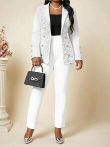 Fleurora 大码优雅翻领双排扣西装外套和裤子套装，适合通勤和秋季穿着 - 白色 - 查看 6