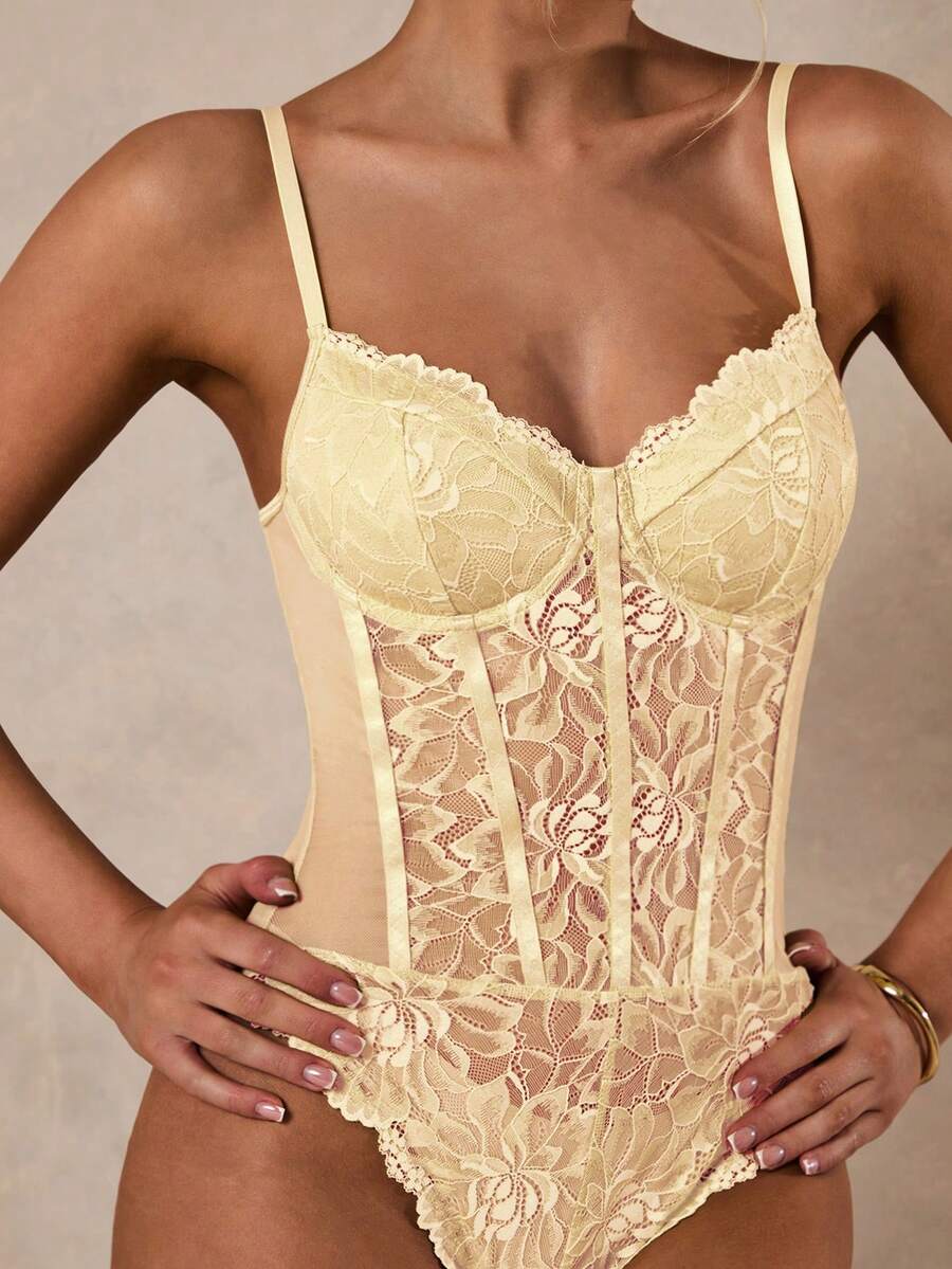 Glamine Women's Sexy Solid Color Contrast Lace Bodysuit, Summer Lace Body Suit Corset Top Bustier Lingerie Lace Lingerie - Pale Yellow - View 1