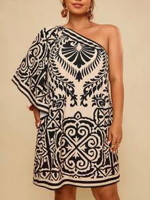 Travachic 夏季大码休闲不对称肩部印花短裙 - 黑色 - 查看 4