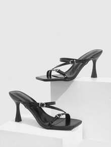 CUCCOO SZL Women Shoes Fashion Women's Square Toe Stiletto Black Stripe Sandals Sexy Party Banquet Date Nightclub Wear Women's High Heel Sandals - Black - View 1