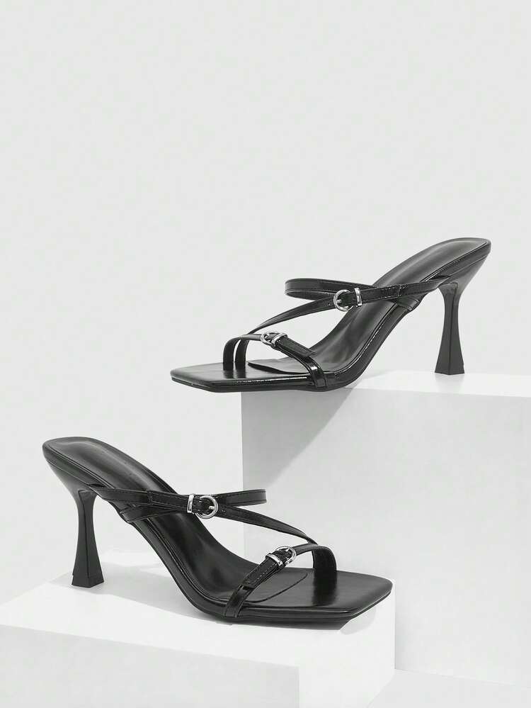 CUCCOO SZL Women Shoes Fashion Women's Square Toe Stiletto Black Stripe Sandals Sexy Party Banquet Date Nightclub Wear Women's High Heel Sandals Prom Heels