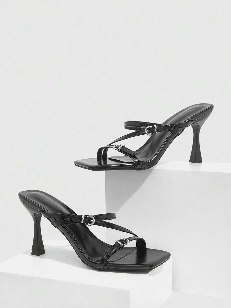 CUCCOO SZL Women Shoes Fashion Women's Square Toe Stiletto Black Stripe Sandals Sexy Party Banquet Date Nightclub Wear Women's High Heel Sandals - Black - View 1