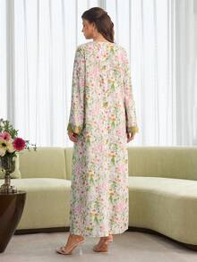 Al Najma Elegant Floral Print Embroidered Ruffle Trim Long Sleeve Loose Flared Robe For Women - Multicolor - View 8