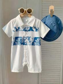 Set de 2 piezas de camisa tipo polo con estampado de hojas y pantalones cortos con sombrero, estilo de campo para bebé niño, conjunto de vacaciones de verano, estilo de ocio y vacaciones - Multicolor - Ver 1