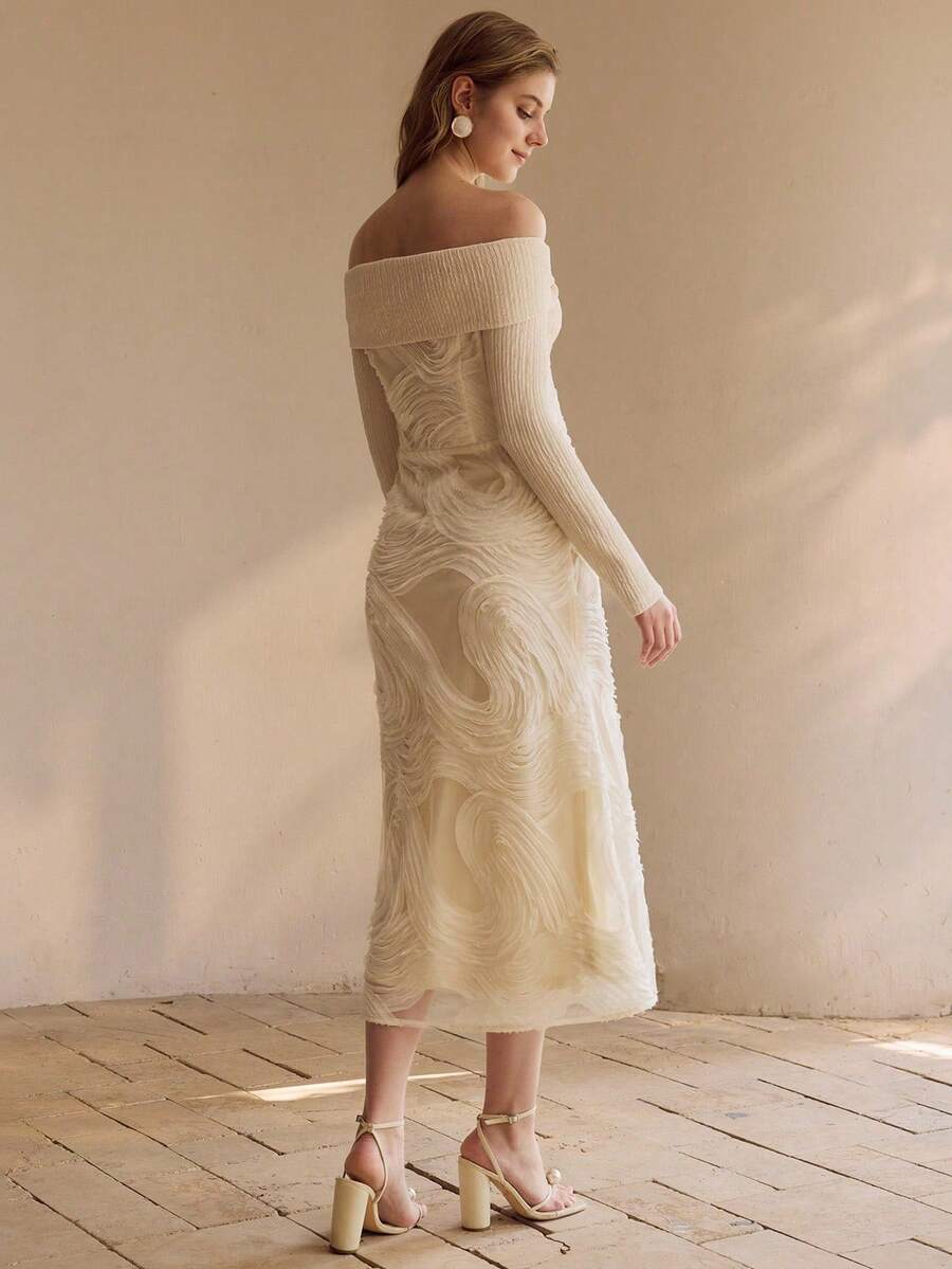 MOTF PREMIUM Đầm lệch vai, chất liệu vải dệt họa tiết lãng mạn và thanh lịch, chi tiết xoắn, tay dài, thắt eo, kiểu dáng duyên dáng và nữ tính. - Màu be - Xem 2