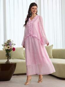 Yasmyna Women's V-Neck Ruffle Hem Casual Loose Party & Travel Dress - Pink - View 5