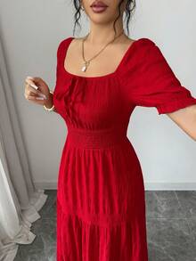 Elenzga Women's Elegant Waist Tie Petal Sleeve Dress, Summer - Red - View 3