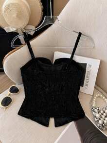 GlowEve 女士优雅丝绒金色纽扣修身吊带背心，夏季 - 黑色 - 查看 2