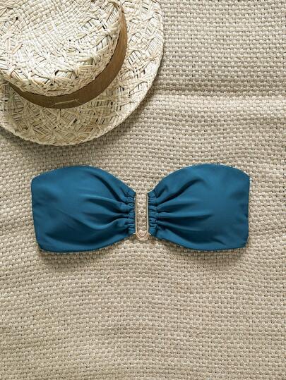 Swim Chiccia Women's Solid Color Strapless Metal Decor Bikini Top, Beach Summer