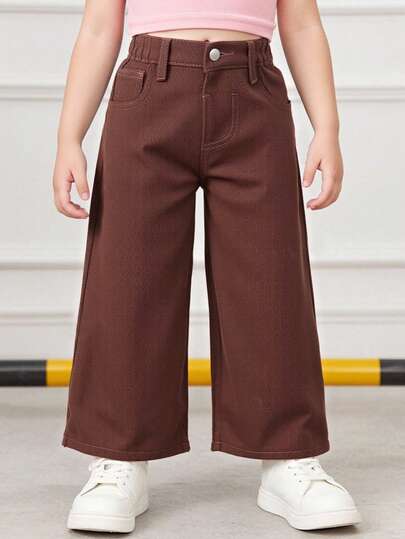 Girls' Casual Comfortable Outdoor & Daily Wear Elastic Waist Loose Straight Washed Denim Jeans