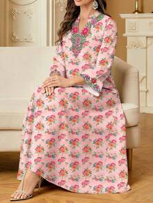 SHEIN Najma 玫瑰碎花V领开衩长袖连衣裙，优雅阿拉伯风度假日常穿着，春夏款 - 彩色 - 查看 1