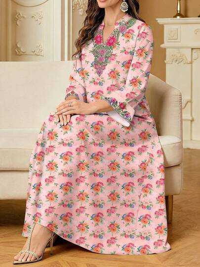SHEIN Najma Rose Ditsy Floral V-Neck Slit Collar Long Sleeve Maxi Dress, Elegant Arabic Style Vacation & Daily Wear, Spring/Summer