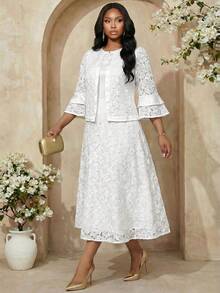 Fleurora Bộ đồ ren màu trơn cỡ lớn 2 món, thanh lịch cho đám cưới và các sự kiện trang trọng. - trắng - Xem 5