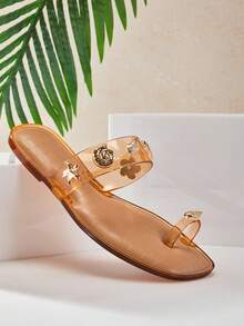 SHUZIA #CoastalMuse 女士透明棕褐色果冻趾环凉鞋，饰以金色贝壳——沙滩时尚舒适拖鞋 - 紫紅色 - 查看 3