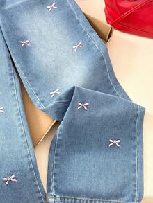 Teen Girl Summer Jeans, Fashion Streetwear Style Bow Embroidery Detail Loose Non-Stretch Snowflake Wash Relaxed Straight Leg Denim Pants - Blue - View 6