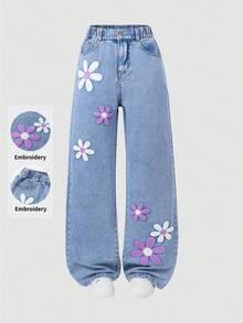 SHEIN ChillGRL Quần jean ống rộng thêu họa tiết tuyết thời trang mới cho bé gái, phù hợp cho mùa xuân, hè, thu, đông - Màu xanh lam - Xem 4