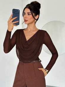 Firerie 女士优雅垂褶领高端收腰休闲针织上衣 - 鏽棕色 - 查看 8