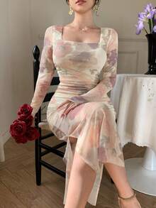 DAZY 春夏花卉印花大花性感音樂節情人節婚禮宴會派對優雅通勤收腰修身魚尾網紗透視長袖女款中長洋裝 - 杏色 - 查看 4