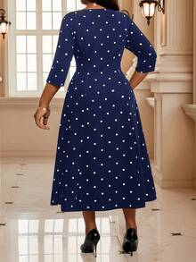 SHEIN Lady CURVE Vestido elegante de lunares de talla grande para fiesta, vestido de lunares negros, vestido de lunares negros y blancos, vestido para iglesia para mujer, vestido de lunares elegante midi, vestido de lunares negros y blancos, vestido midi de lunares de talla grande con estampado de lunares, cuello redondo, contraste de ribete, abertura midi, manga tres cuartos, vestido elegante - Azul Marino - Ver 3