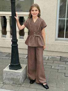 SHEIN Tween 女童宽松落肩双层腰带衬衫上衣和裤子两件套，优雅 - 卡其色 - 查看 3