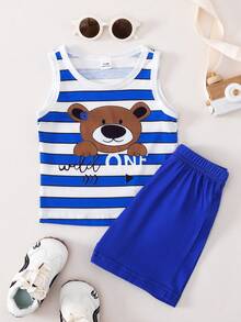 SHEIN Playful Pals 2件套0-3岁婴幼儿男童休闲条纹小熊印花背心短裤套装，适合所有季节、短途旅行、假期、郊游，适合3个月至24个月的男婴，男婴服装，男童夏季服装，婴幼儿服装，男童服装，价格实惠的男童套装，男童卡通套装，男童背心套装，男童夏季套装，男童短裤套装，男童背心套装，男童夏季套装，男童短裤套装 - 藍色 - 查看 5