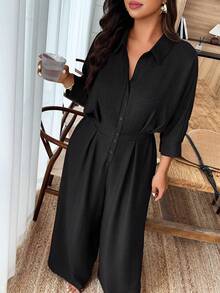 Weeklong Mono con cuello y volantes en las mangas para mujer de talla grande, cintura ceñida, para uso casual y de oficina - Negro - Ver 4