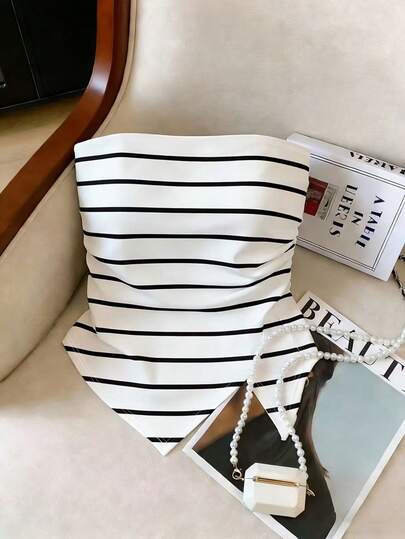 Resyla Blusa ajustada con diseño de bajo asimétrico y bandeau a rayas, nueva llegada de primavera/verano para mujer