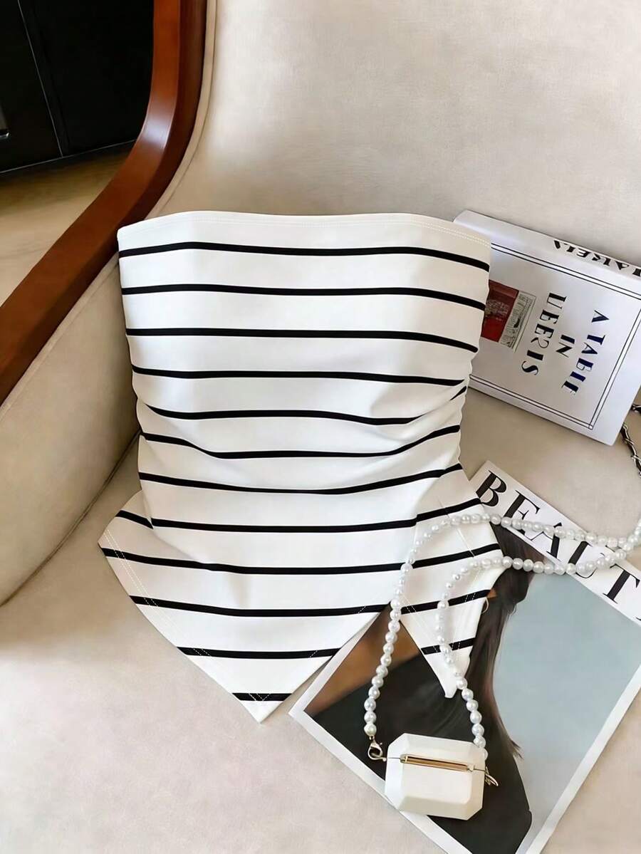 Resyla 女士春夏新款条纹抹胸不对称下摆修身衬衫 - 彩色 - 查看 1