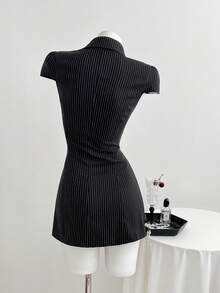 Elamini Women's Dress, V-Neck Ruched Black & White Striped Shirt Dress - Black - View 2