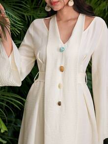 Al Najma Vestido modesto de estilo árabe con mangas largas, lazo y adornos de perlas, color albaricoque, para primavera/verano - Albaricoque - Ver 3