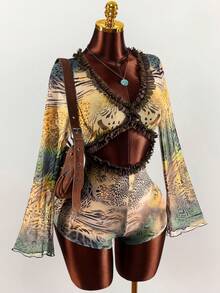 Amplova 复古豹纹透视低胸性感连体裤 沙丘狂欢装 沙漠节装 波西米亚风女装上衣 - 彩色 - 查看 3