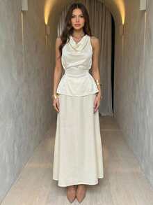 Aloruh Minimalist Commuter Deep V Cinched Waist Blouse + A-Line Skirt Set For Women Ivory Dress - Apricot - View 1