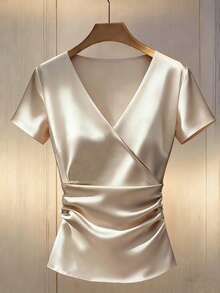 Franclia Elegante camiseta de mujer de satén con cuello en V y borde plisado para uso diario - Champán - Ver 1