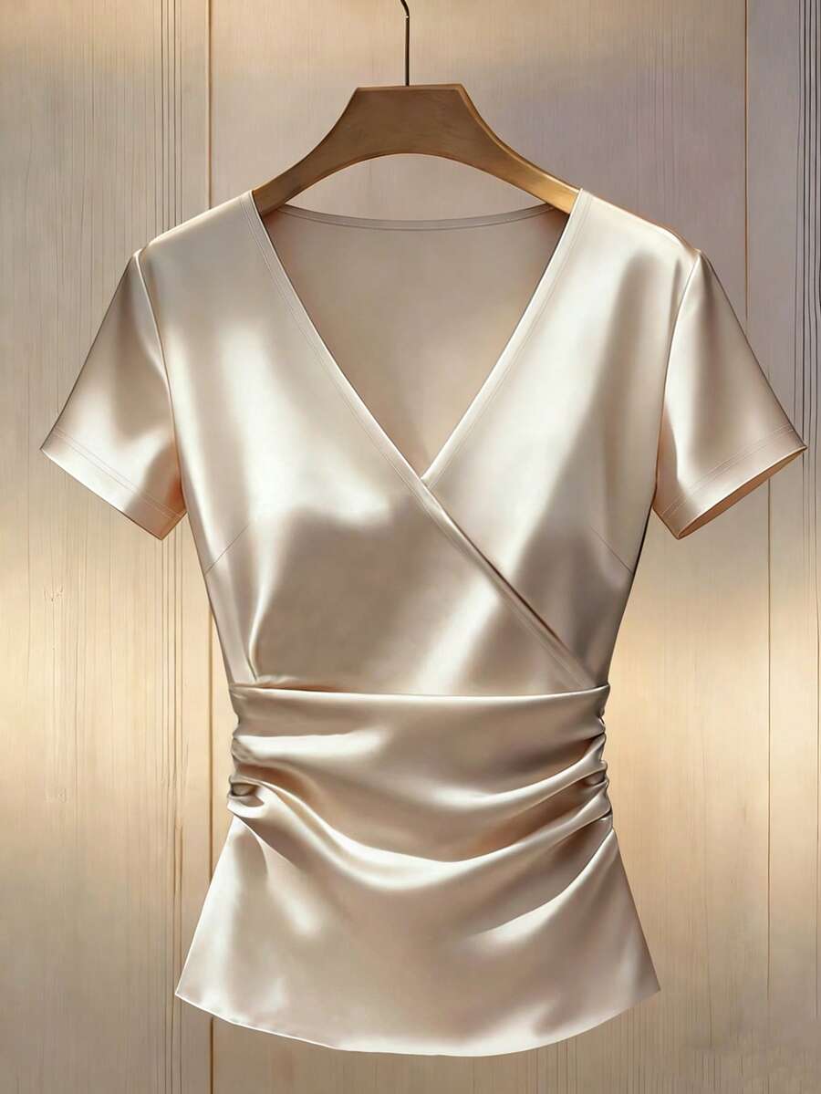 Franclia Elegante camiseta de mujer de satén con cuello en V y borde plisado para uso diario - Champán - Ver 1