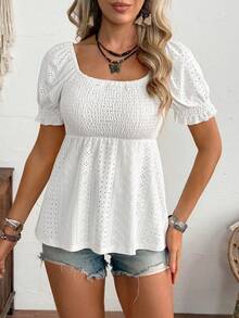 SHEIN LilyWest 女士纯色褶皱休闲百搭日常短袖T恤 - 粉色 - 查看 5