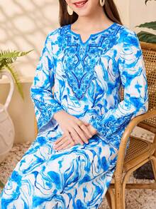 SHEIN Teen Girl Elegant Geometric Pattern Floral Print Notch Neck Long Sleeve Long Maxi Dress - Blue and White - View 3