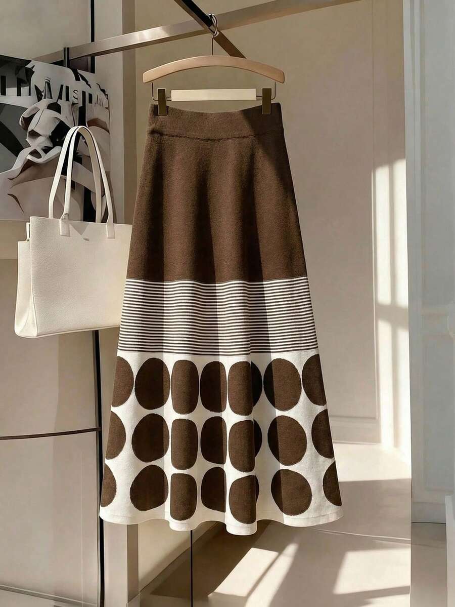 Franclia 优雅几何波点条纹长款A字针织半身裙，休闲百搭，适合通勤，秋冬季穿着 - 彩色 - 查看 1