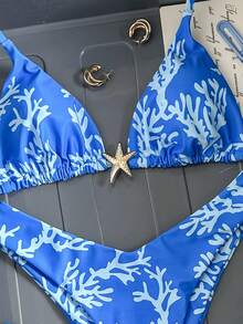 SHEIN Swim Mod 女士随机印花露背金属饰品比基尼套装，春夏款 - 彩色 - 查看 3