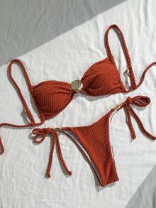 Swim Vcay Women's Summer Beach Outfits, Solid Color Jacquard Fabric Spaghetti Strap Sexy Bikini Set With Shell & Metal Decor - Brown - View 1