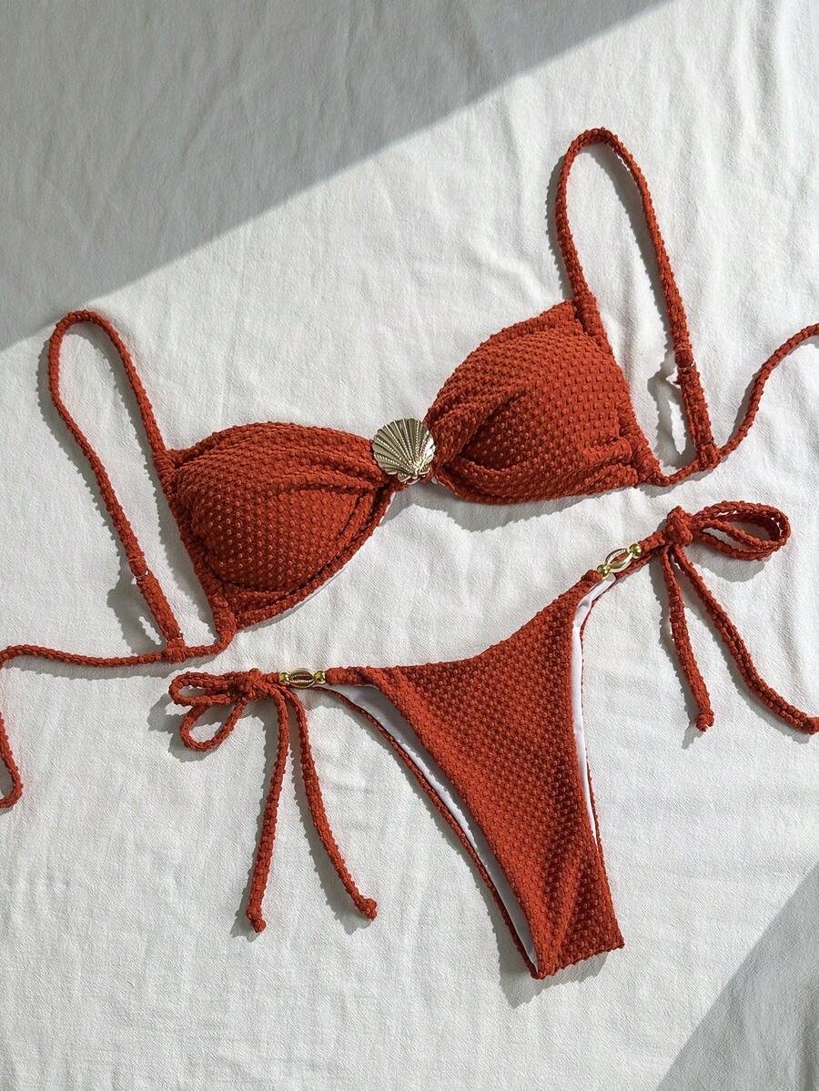Swim Vcay Women's Summer Beach Outfits, Solid Color Jacquard Fabric Spaghetti Strap Sexy Bikini Set With Shell & Metal Decor - Brown - View 1